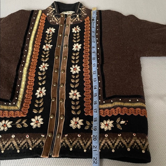 Orvis Scandinavian Embellished Brown Wool Full Zip Sweater Jacket Size Small - Picture 5 of 8